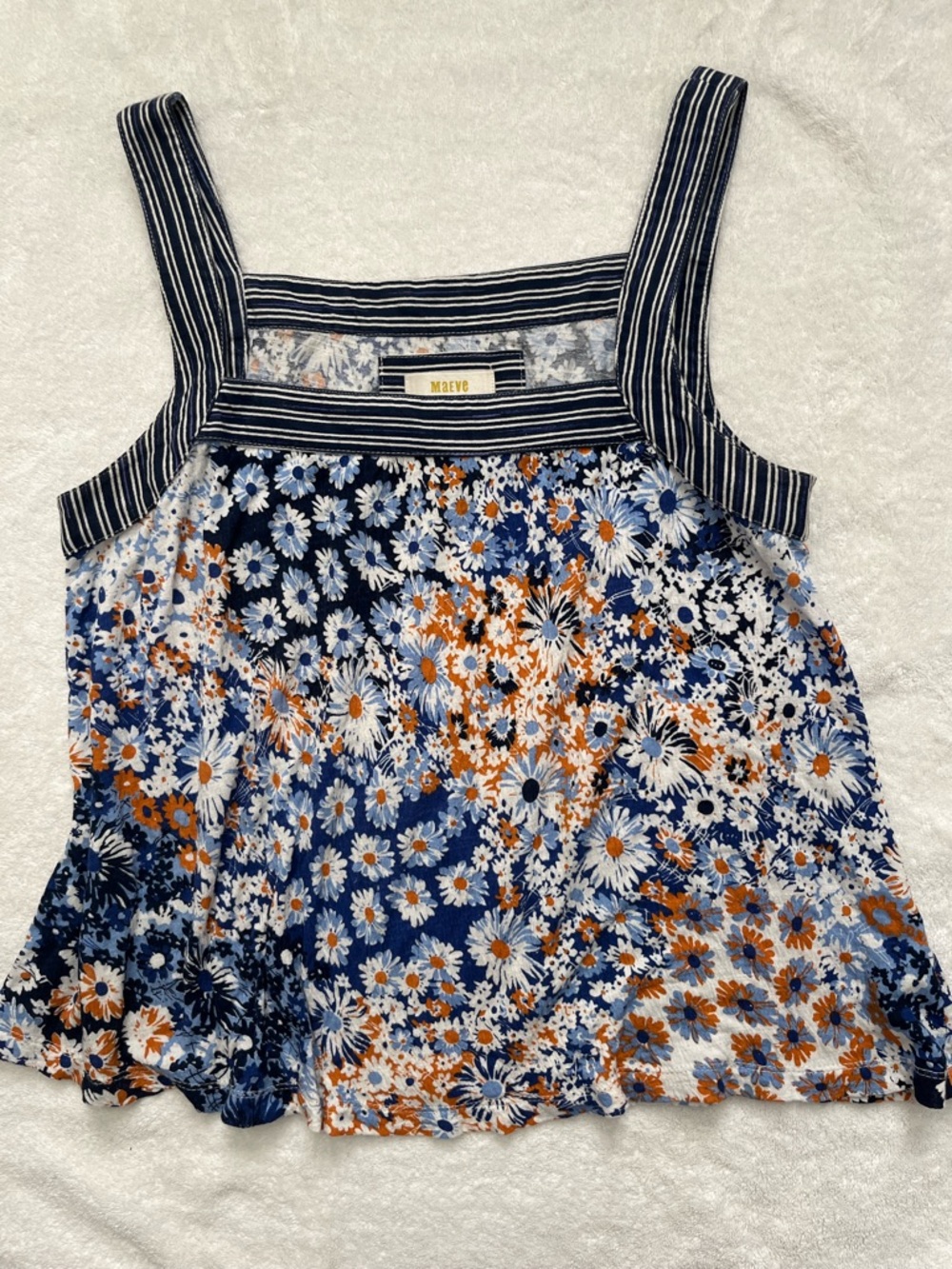 Maeve Blue White Orange Floral Striped-Trim Camisole